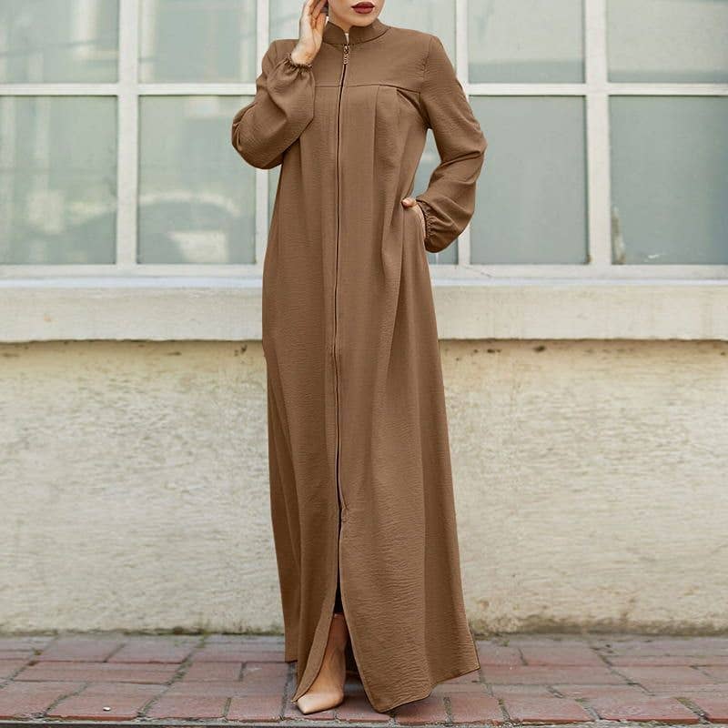 ARABIC STYLE STAND-UP COLLAR ZIPPER RELAXED DRESS