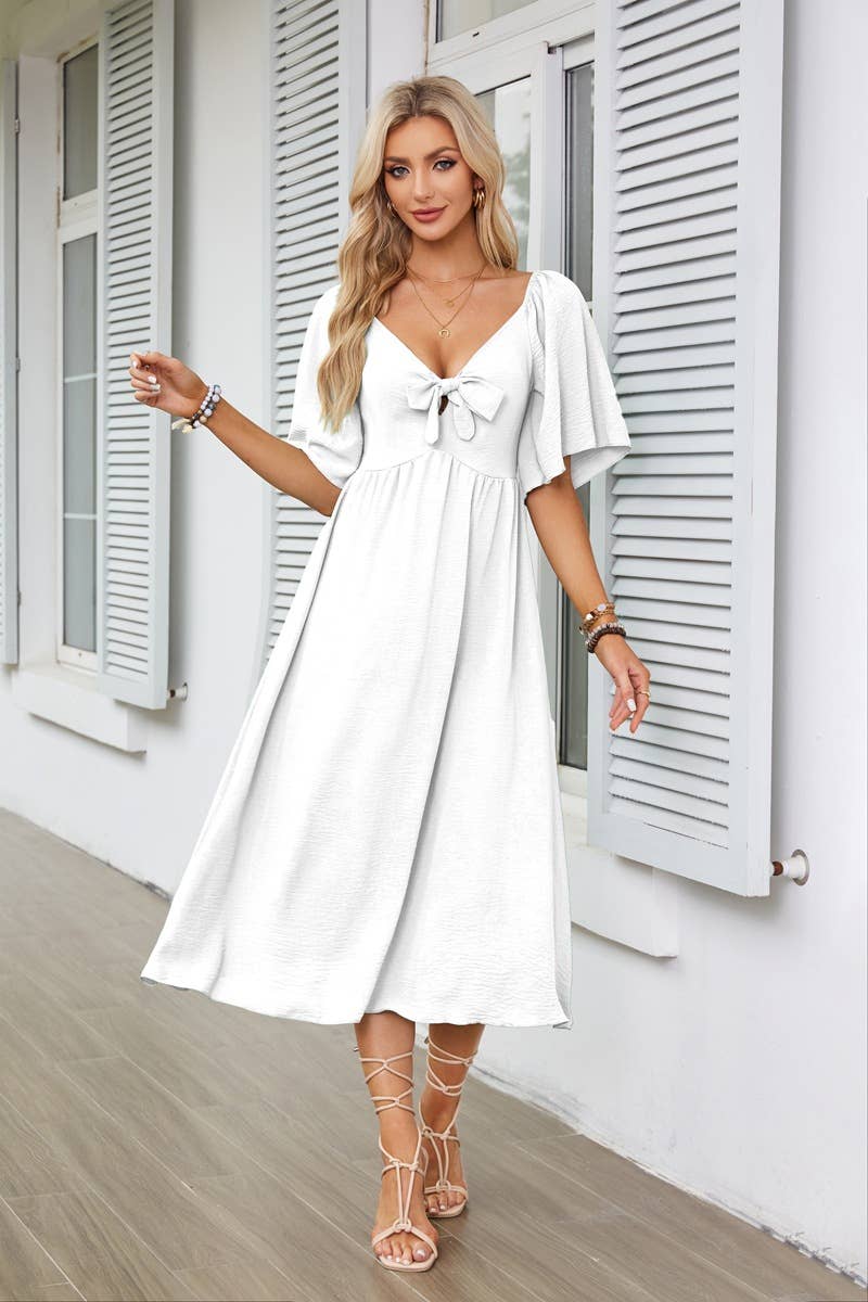 V-neck bow pleated mid-length short-sleeved dress
