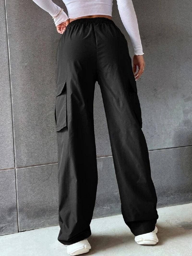SOLID COLOR HIGH-WAISTED POCKET CARGO PANTS