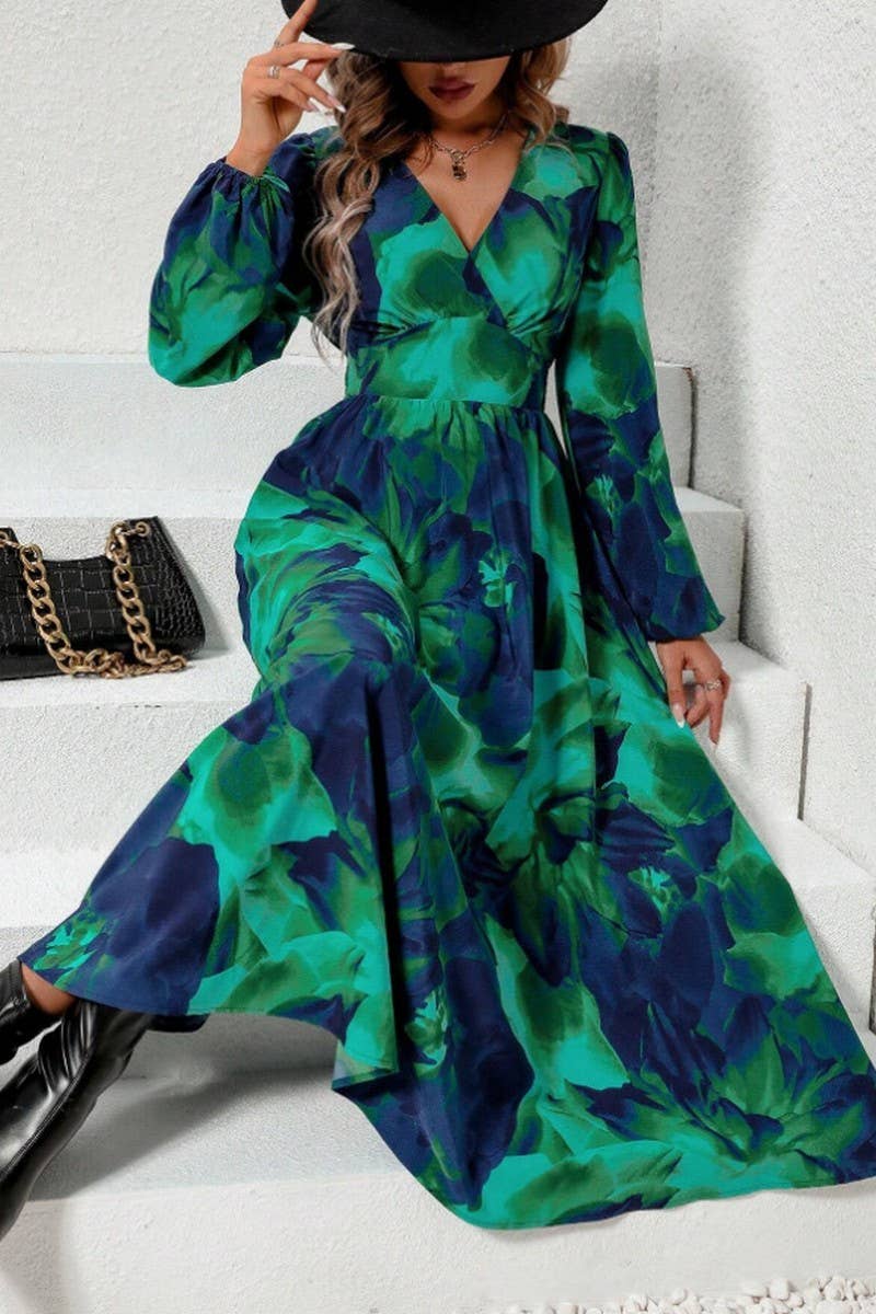 CWDMD5704_SPRING AND SUMMER WAIST V-NECK PRINTED LONG SKIRT