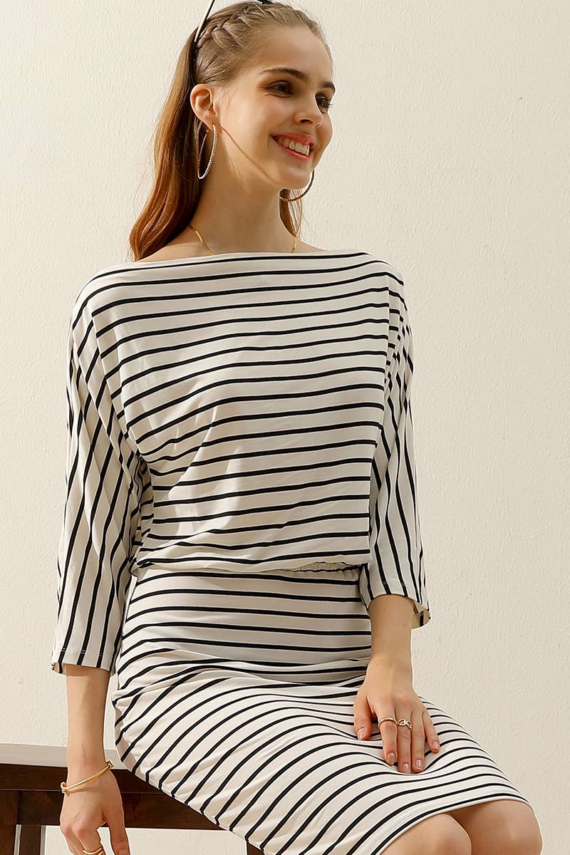 CWDMD803_BOAT NECK LONG SLEEVE DRAWSTRING KNEE MIDI DRESS