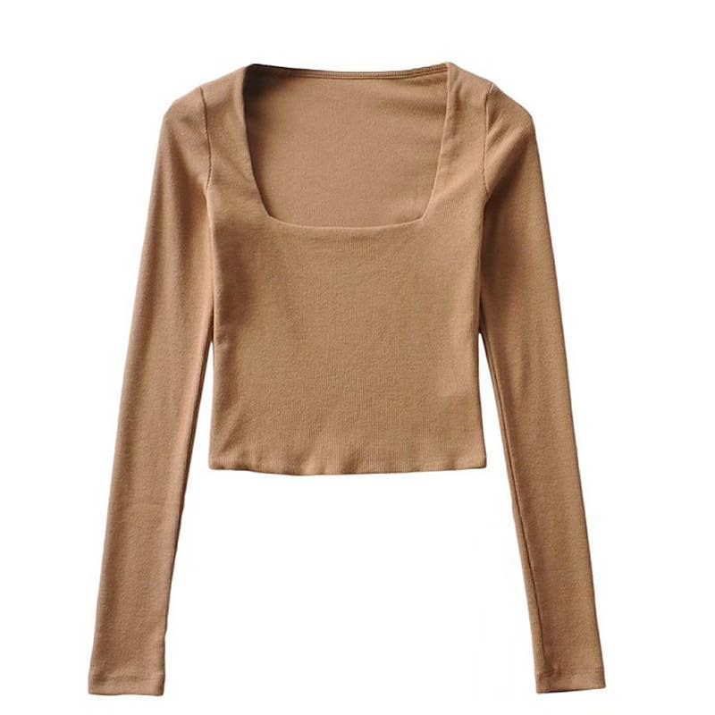 Square-neck solid-color long-sleeved T-shirt