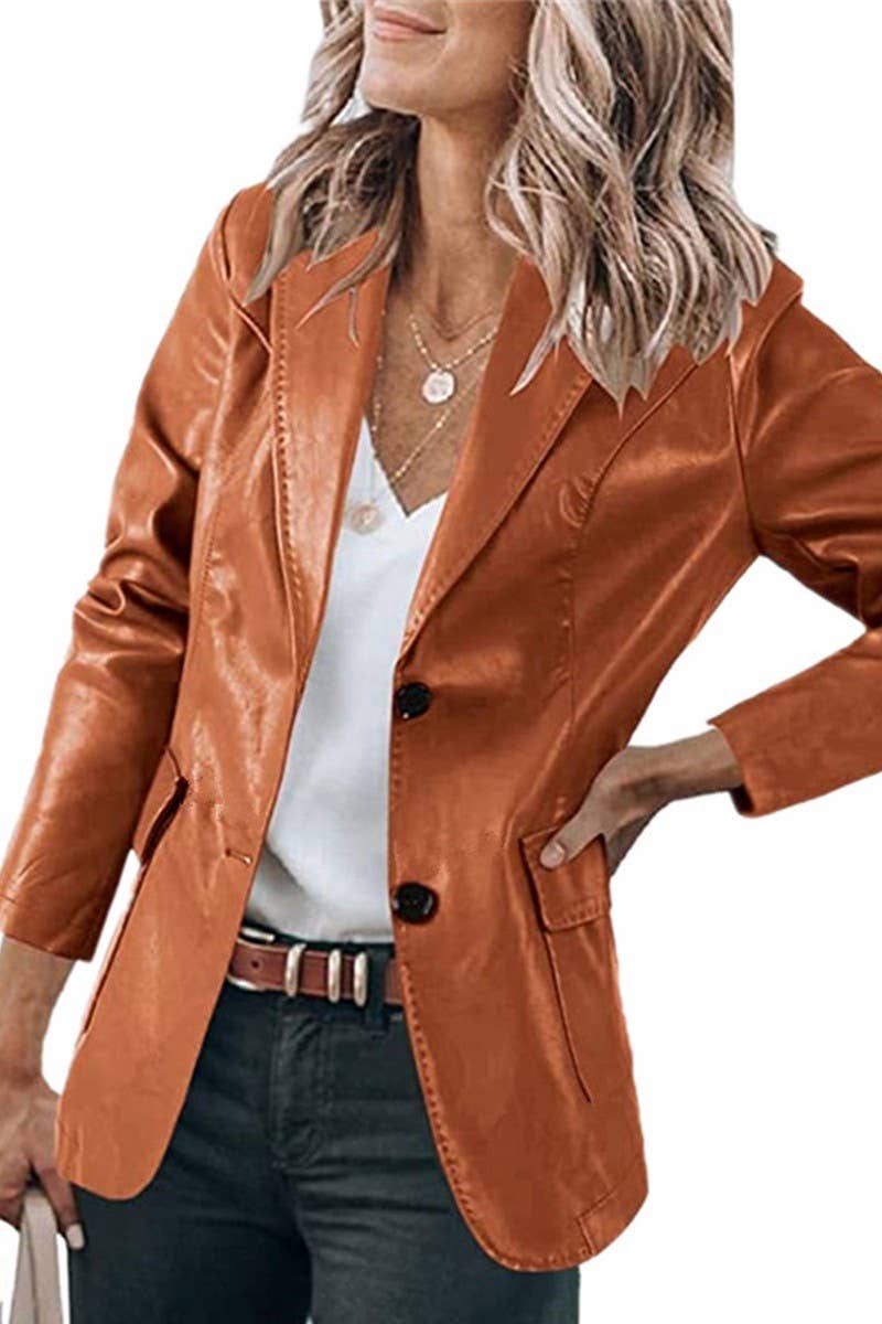 CWOCO1152_LAPEL SINGLE BREASTED PU LEATHER JACKET