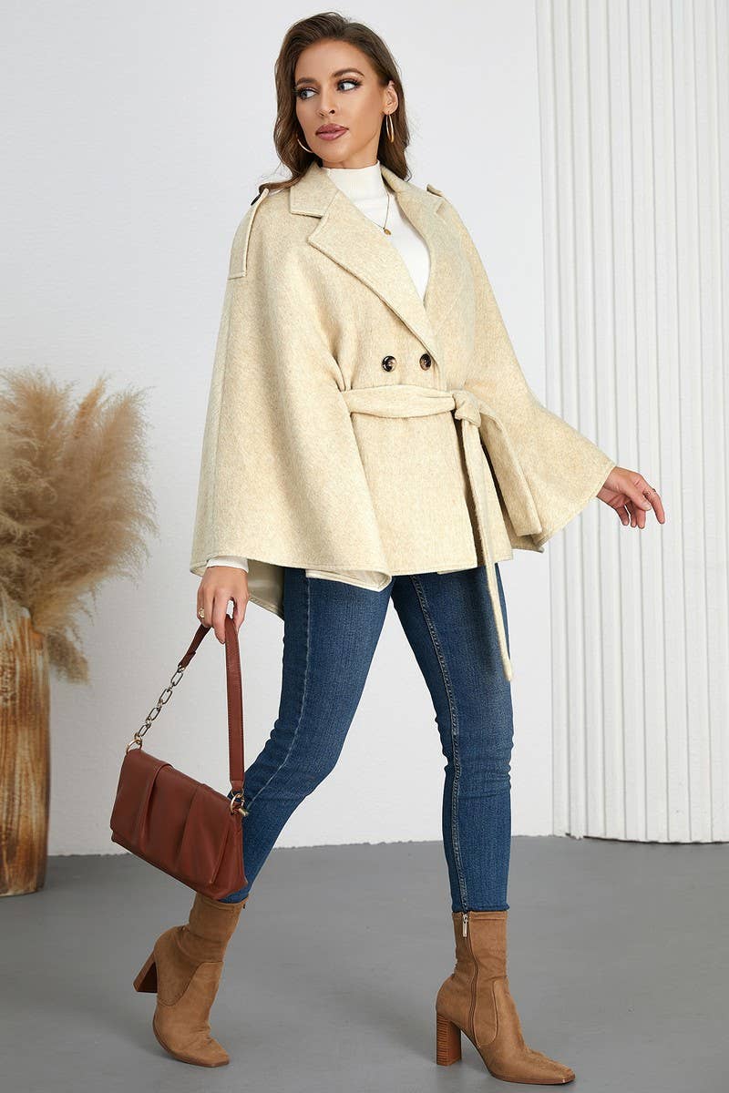 CWOCO0941_SOLID COLOR BELTED LAPEL CAPE TWEED COAT