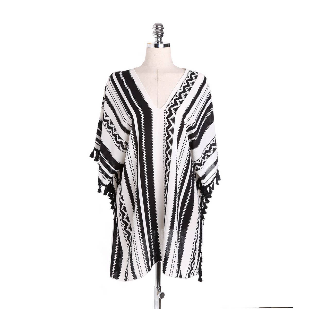 TASSEL STRIPE PRINT FRONT OPEN KIMONO FOR SUMMER