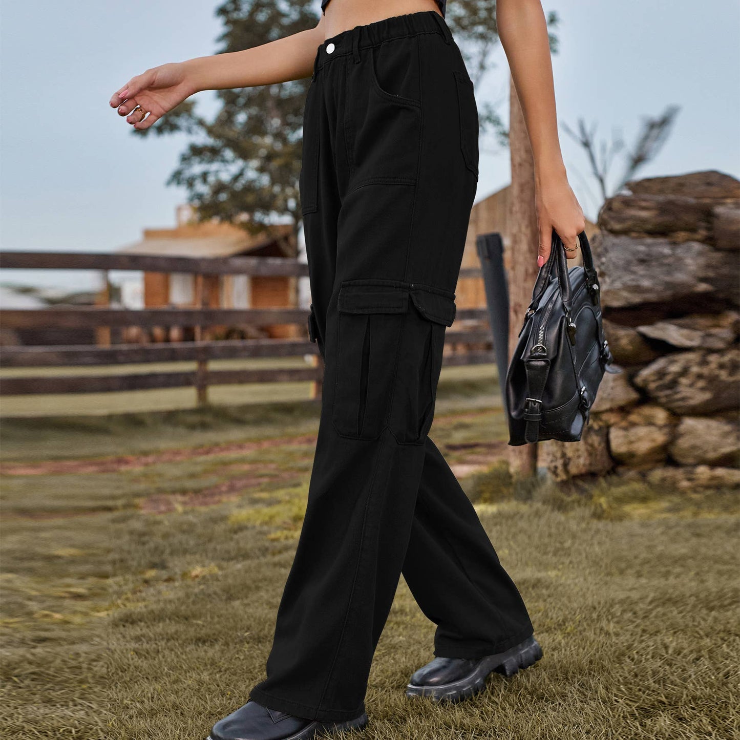 ELASTIC-WAISTED DENIM CASUAL CARGO PANTS