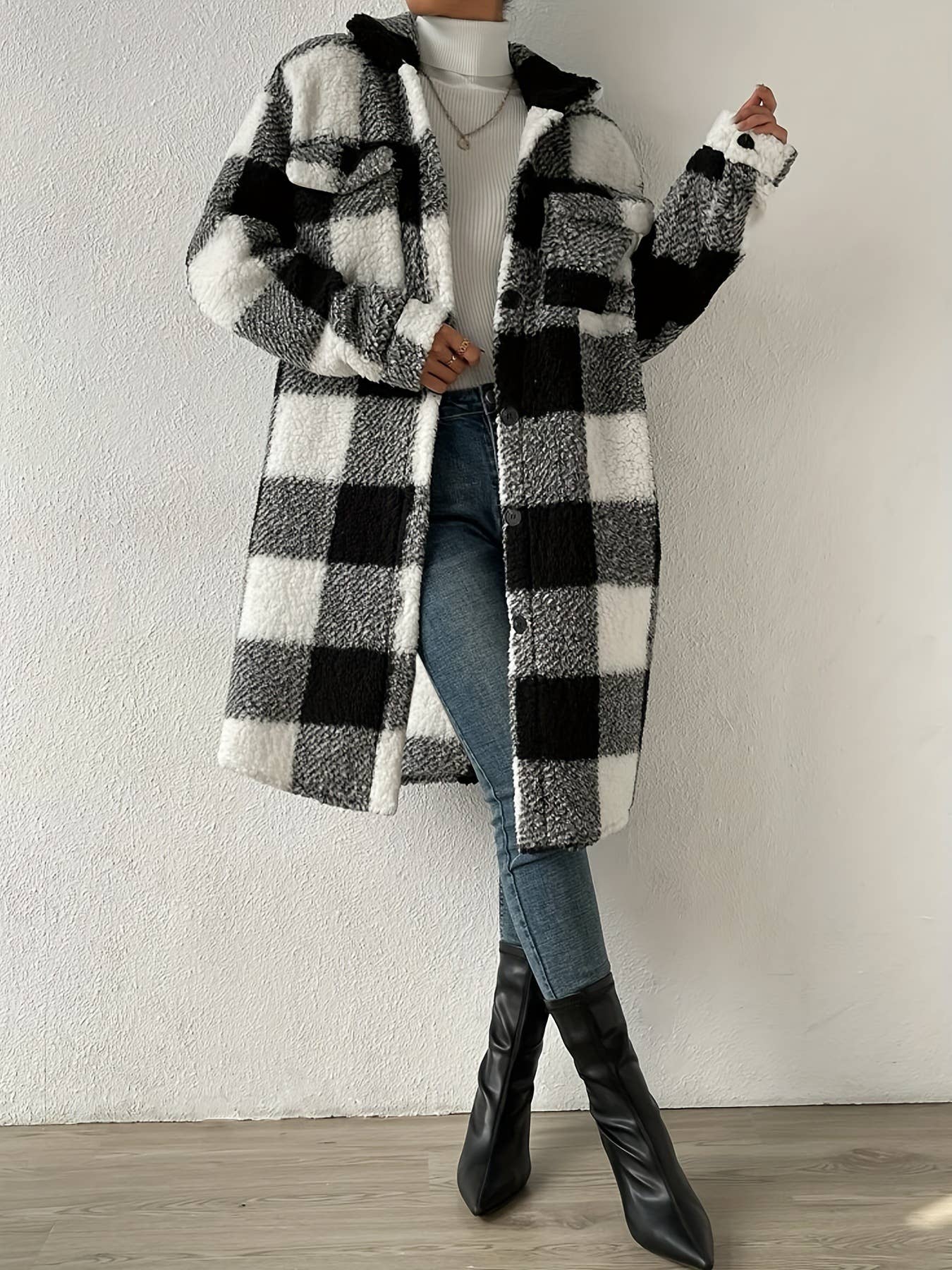 Double-sided plush checkered long lapel cardigan