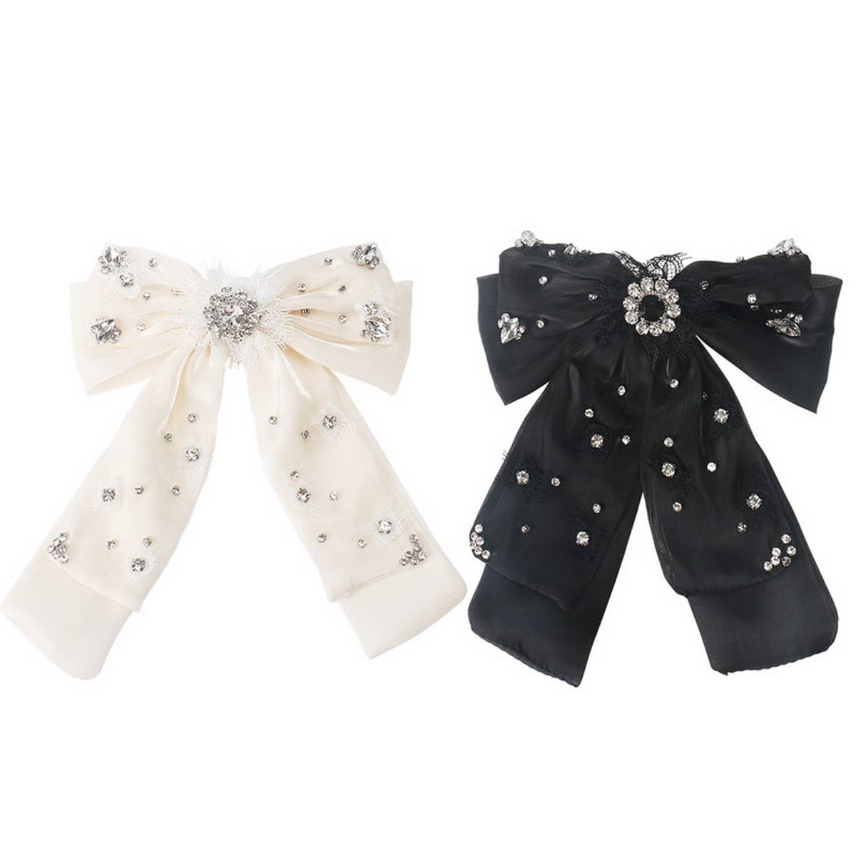 BOW SPRING CLIP ORGANZA CRYSTAL RIBBON HAIRPIN_CWAHA4413