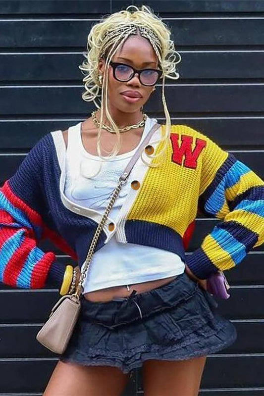 CWOCAL2239_COLORFUL LETTER BUTTON KNITTED SWEATER CARDIGAN