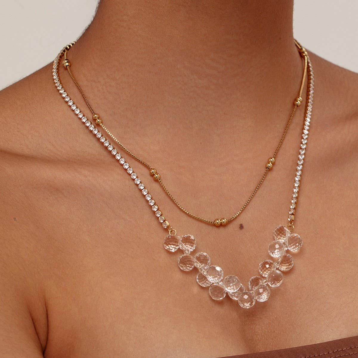 WHITE CRYSTAL DOUBLE NECKLACE TENNIS CHAIN