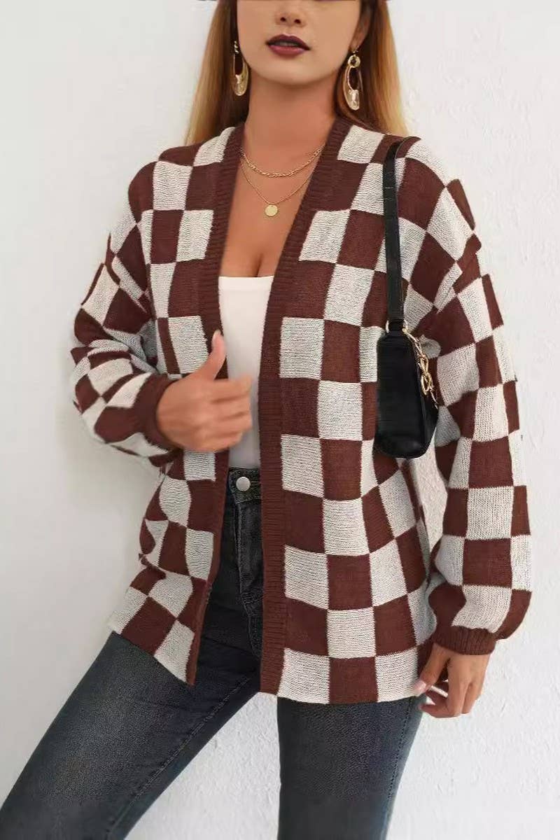 CWOSWL07333_WOMEN BLOCK CHECKERED KNIT CARDIGAN