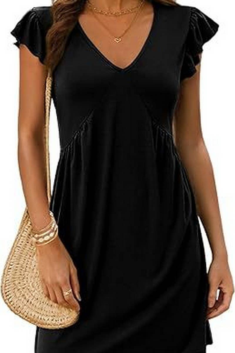 CWDSD8807_V-NECK FLYING SLEEVES PLEATED MINI TANK DRESS