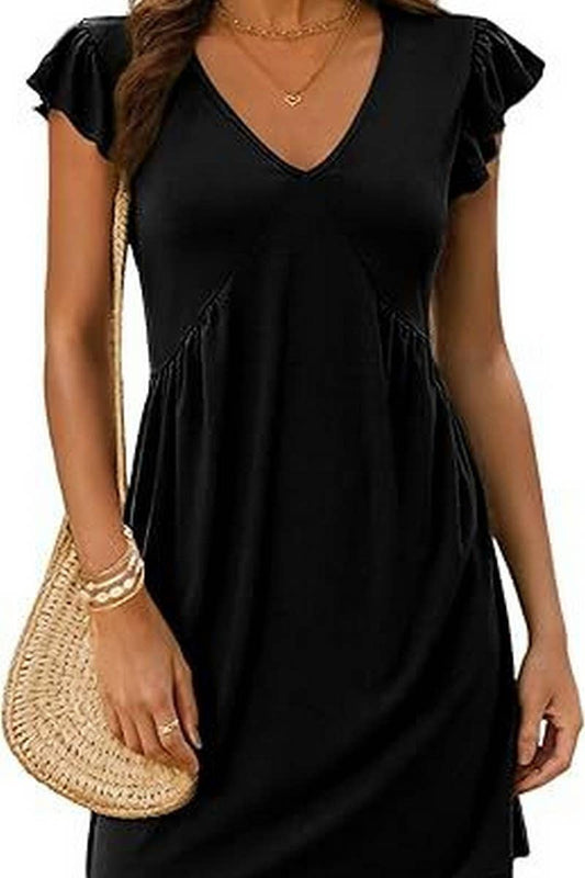 CWDSD8807_V-NECK FLYING SLEEVES PLEATED MINI TANK DRESS