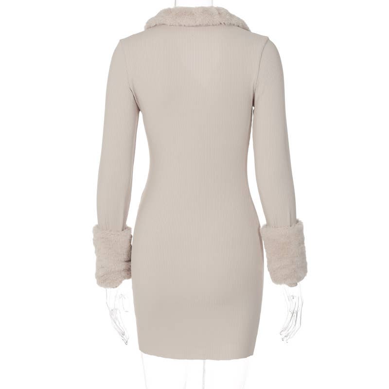 SOLID COLOR WOOL COLLAR SPLICING SHORT DRESS