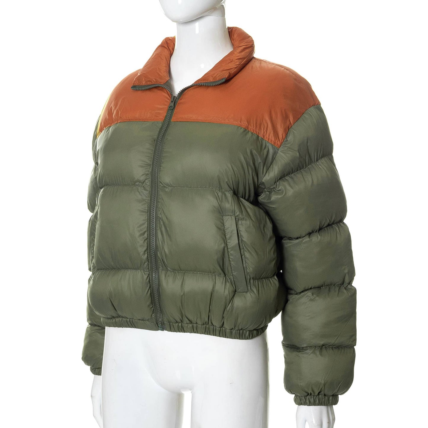 SOLID COLOR ROUND NECK ZIPPER POCKET BREAD JACKET