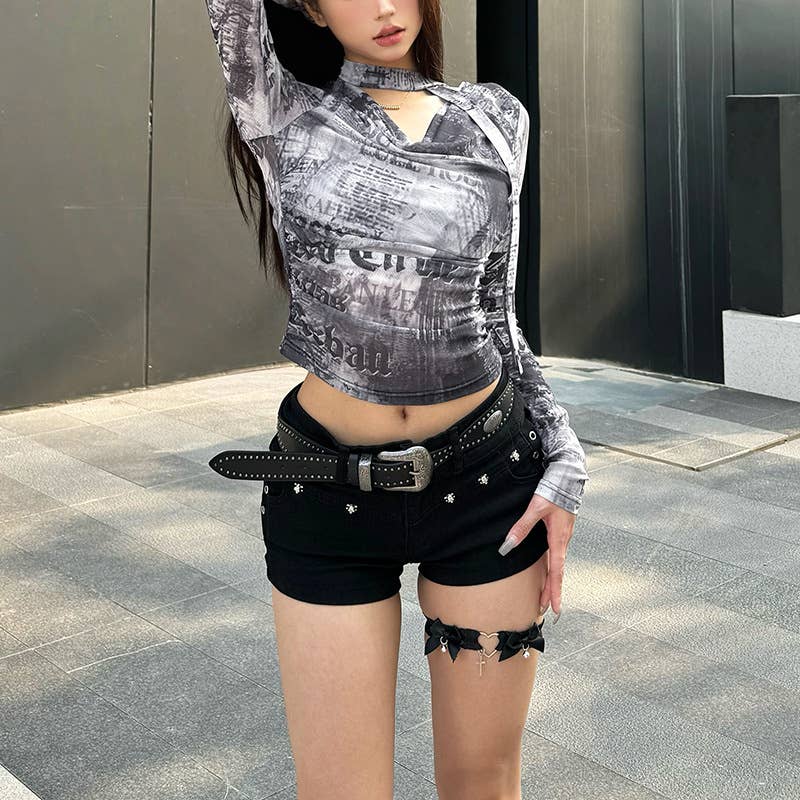 FASHION SLIM-FIT NEWSPAPER PRINT SEE-THROUGH TOP