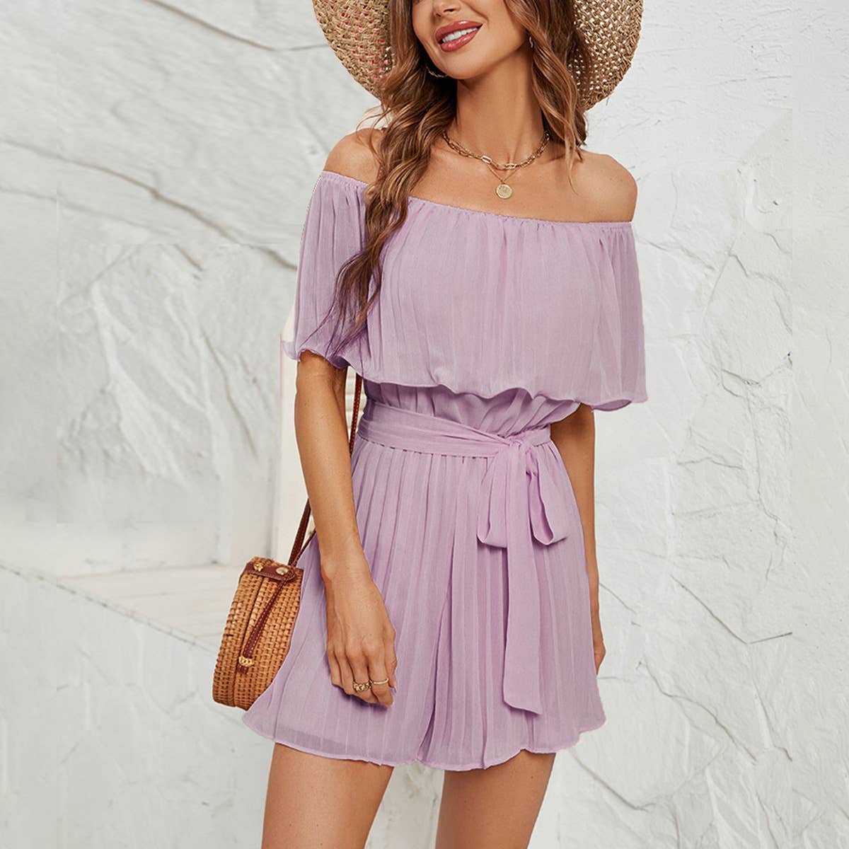 ONE-LINE NECK PLEATED FIVE-SLEEVED JUMPSUIT