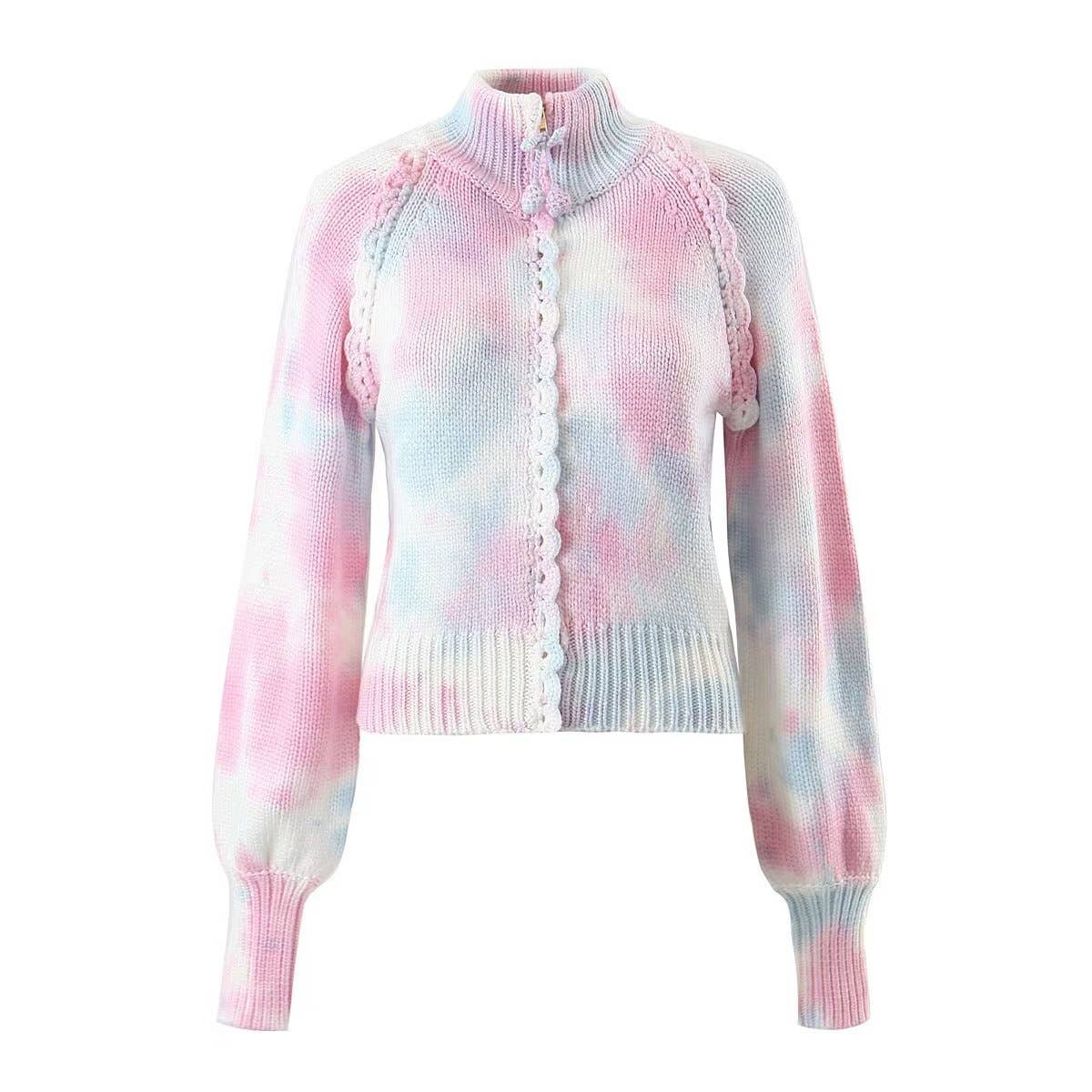 LACE KNITTED GRADIENT TIE DYE ZIPPER CARDIGAN