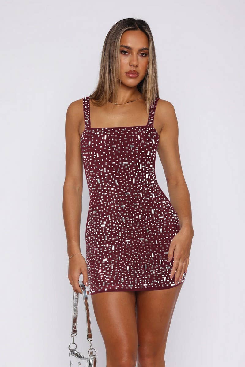 CWDSD7269_SQUARE NECK RHINESTONE BACKLESS SLING DRESS