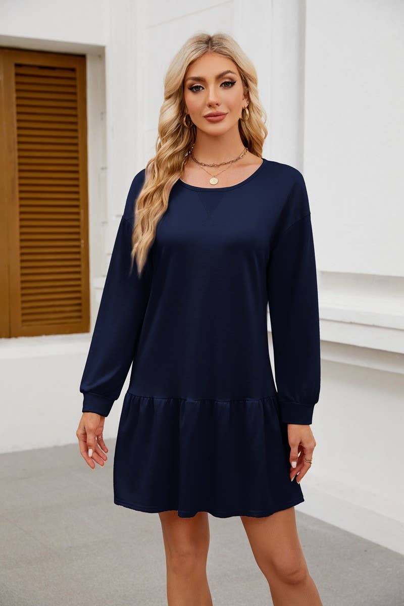 CWDSD8805_ROUND NECK LONG SLEEVE CASUAL DRESS
