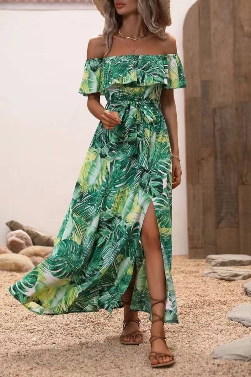 CWDMD1910_ONE-LINE SHOULDER PRINT SLIT WAIST LONG DRESS