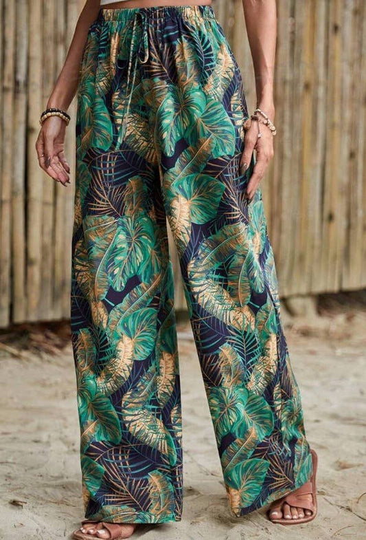 Stylish French summer vacation plant-print pants