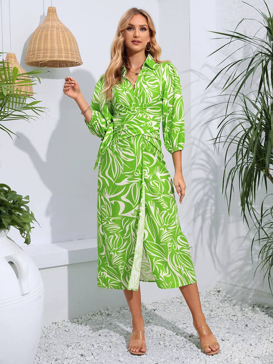 V-neck tie abstract printed long-sleeved dress