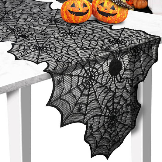 HALLOWEEN BLACK HORROR SPIDER WEB TABLE RUNNER