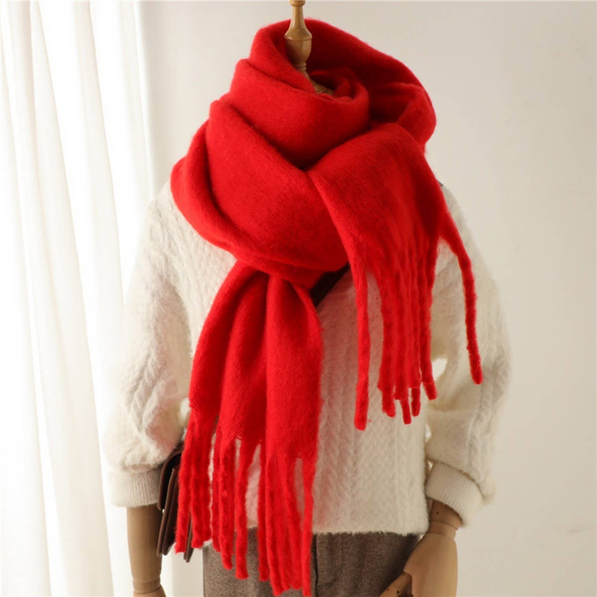 Mohair Tassel Scarf for Winter, Unisex Long Shawl