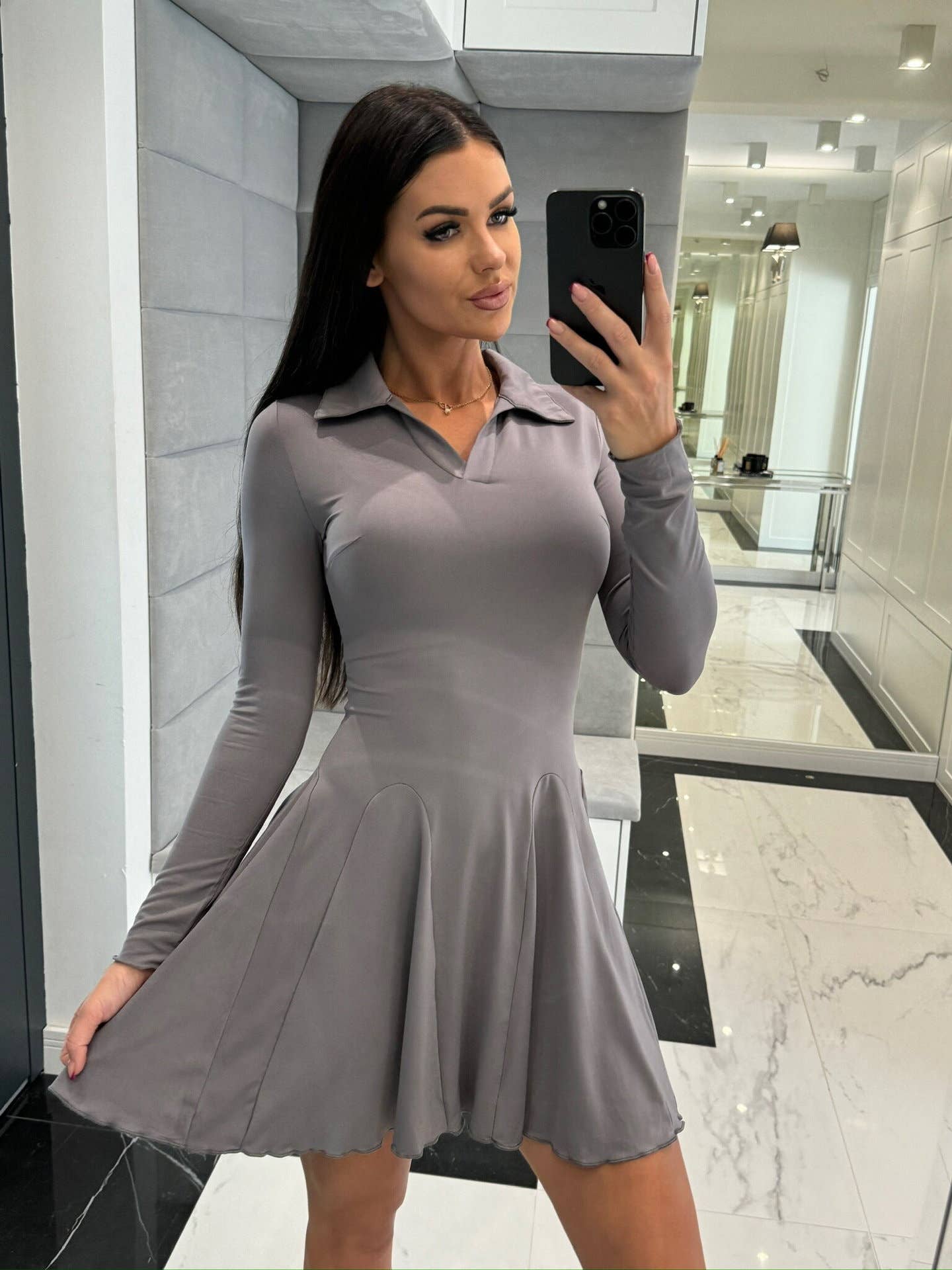 SOLID COLOR WAISTLINE LONG SLEEVE LAPEL DRESS