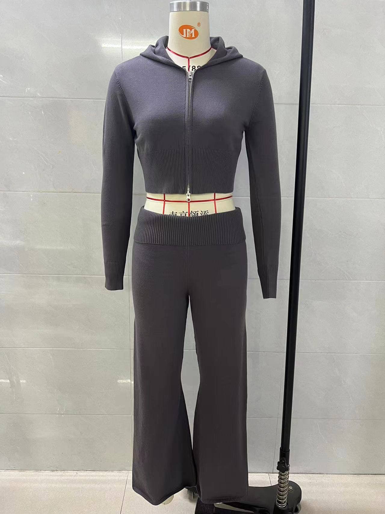 Zipper hooded top,low-waisted flared pants set
