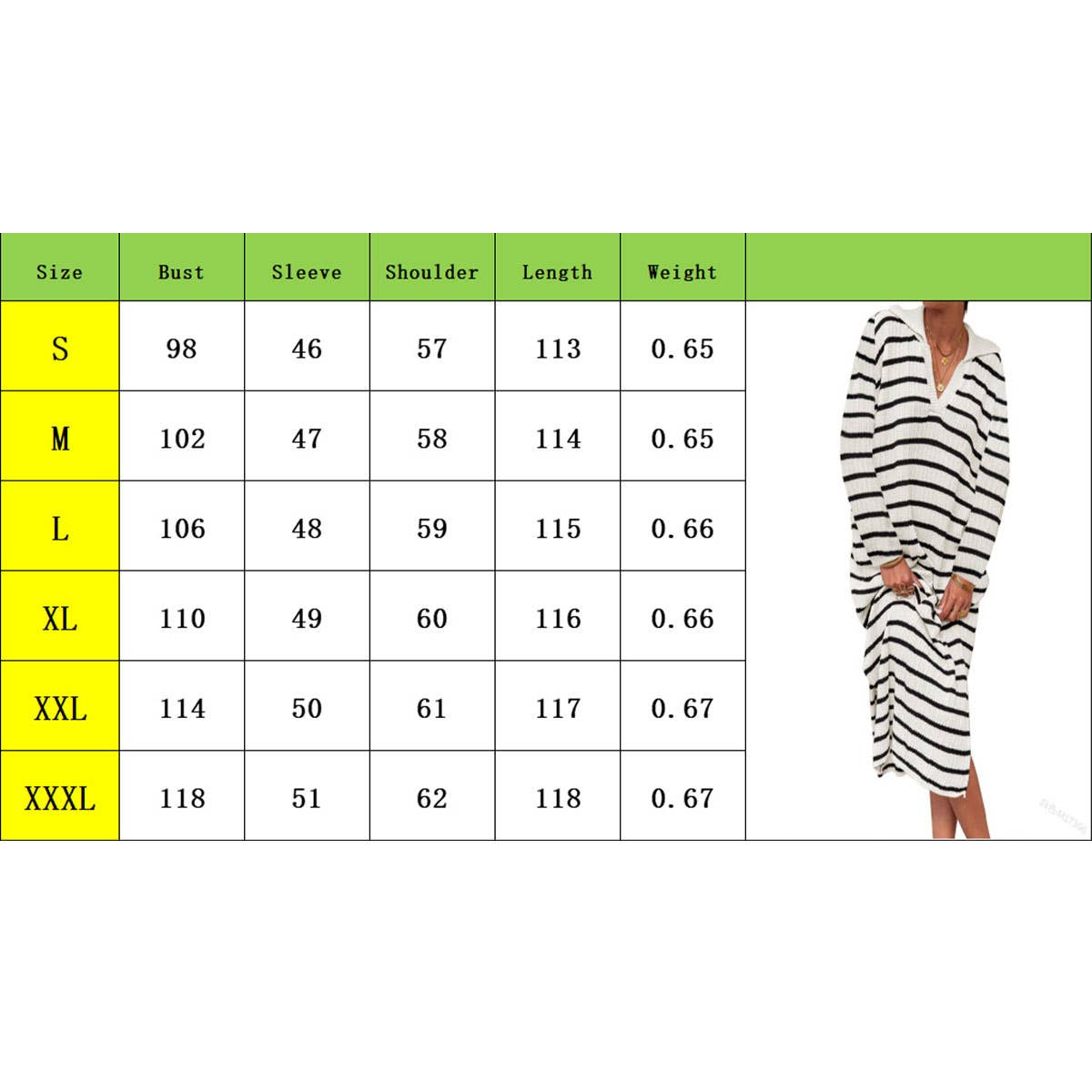 LONG V-NECK STRIPES LOW SLIT LAPELS SWEATER DRESS