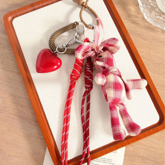 Plaid Bunny Keychain with Resin Heart Charm_CWMM7637