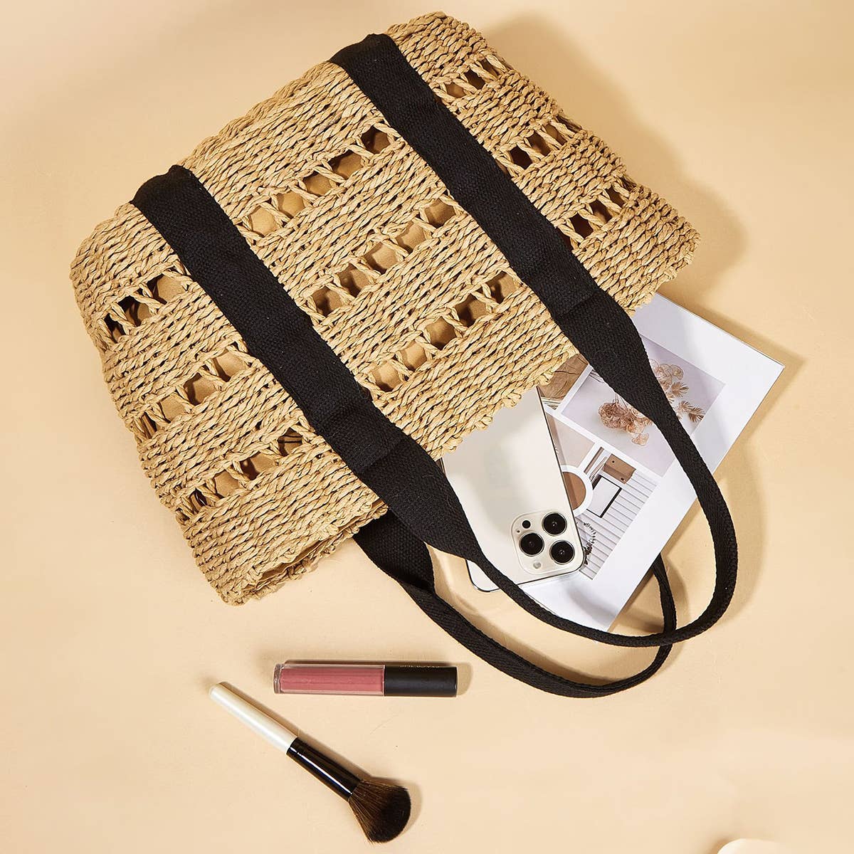WOMEN CASUAL WOVEN STRAW SQUARE TOTE BAG _CWAB0822
