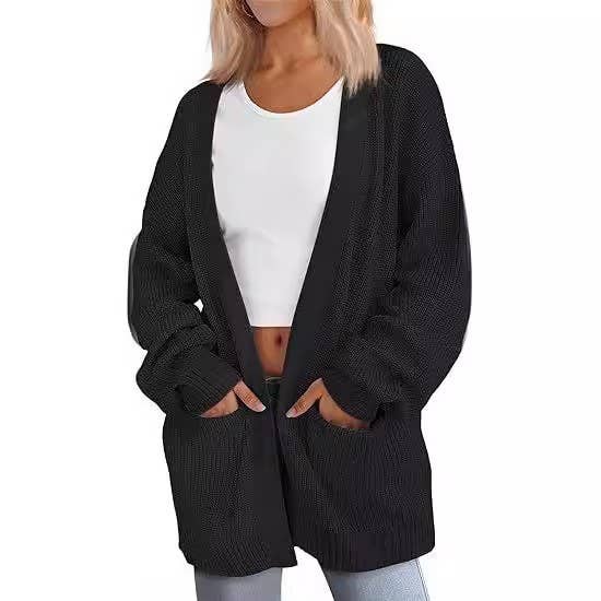 SOLID COLOR LONG KNIT WOMEN POCKET CARDIGAN COAT