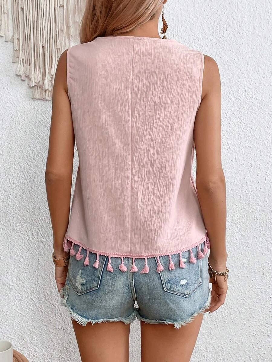 V-NECK EMBROIDERED STITCHING HEM BEARD BLOUSE