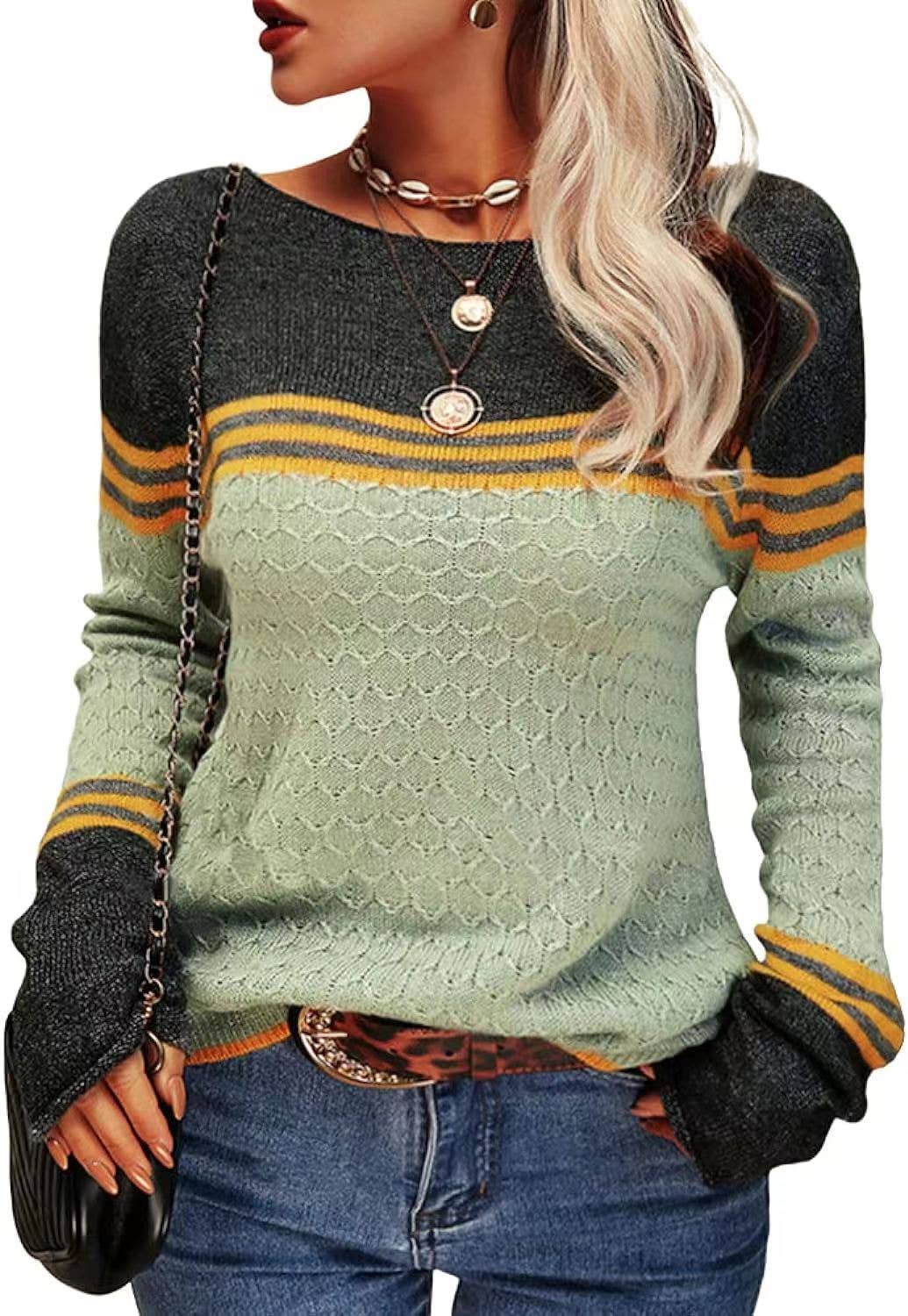 STYLISH CREW-NECK SWEATER WITH STRIPES AND COLORS
