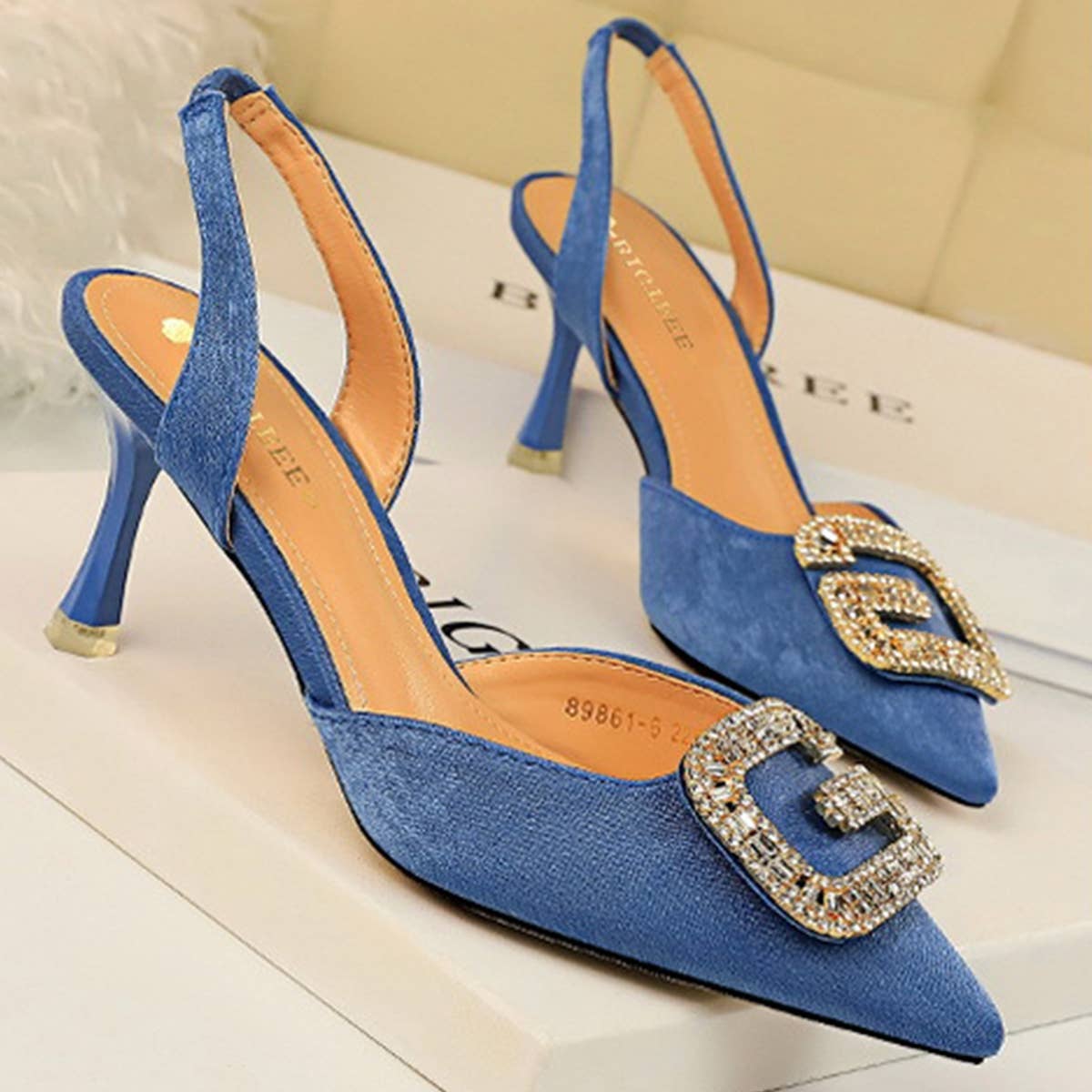SHALLOW POINTED TOE RHINESTONE BUCKLE HIGH HEELS