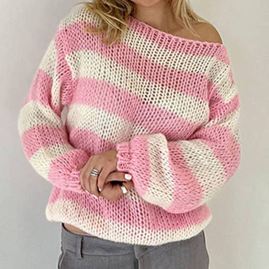Slouchy long-sleeved sweater with crew neck stripes