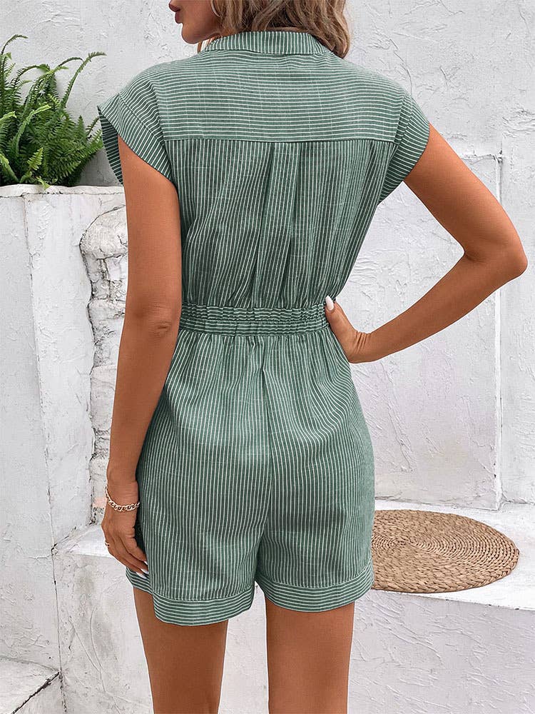 PINSTRIPE LACE-UP SHORT-SLEEVED JUMPSUIT
