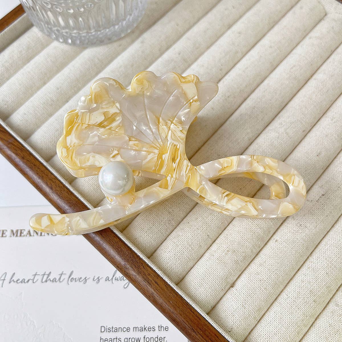 Ginkgo Leaf Pearl Hair Claw, Elegant French Clip_CWAHA1347