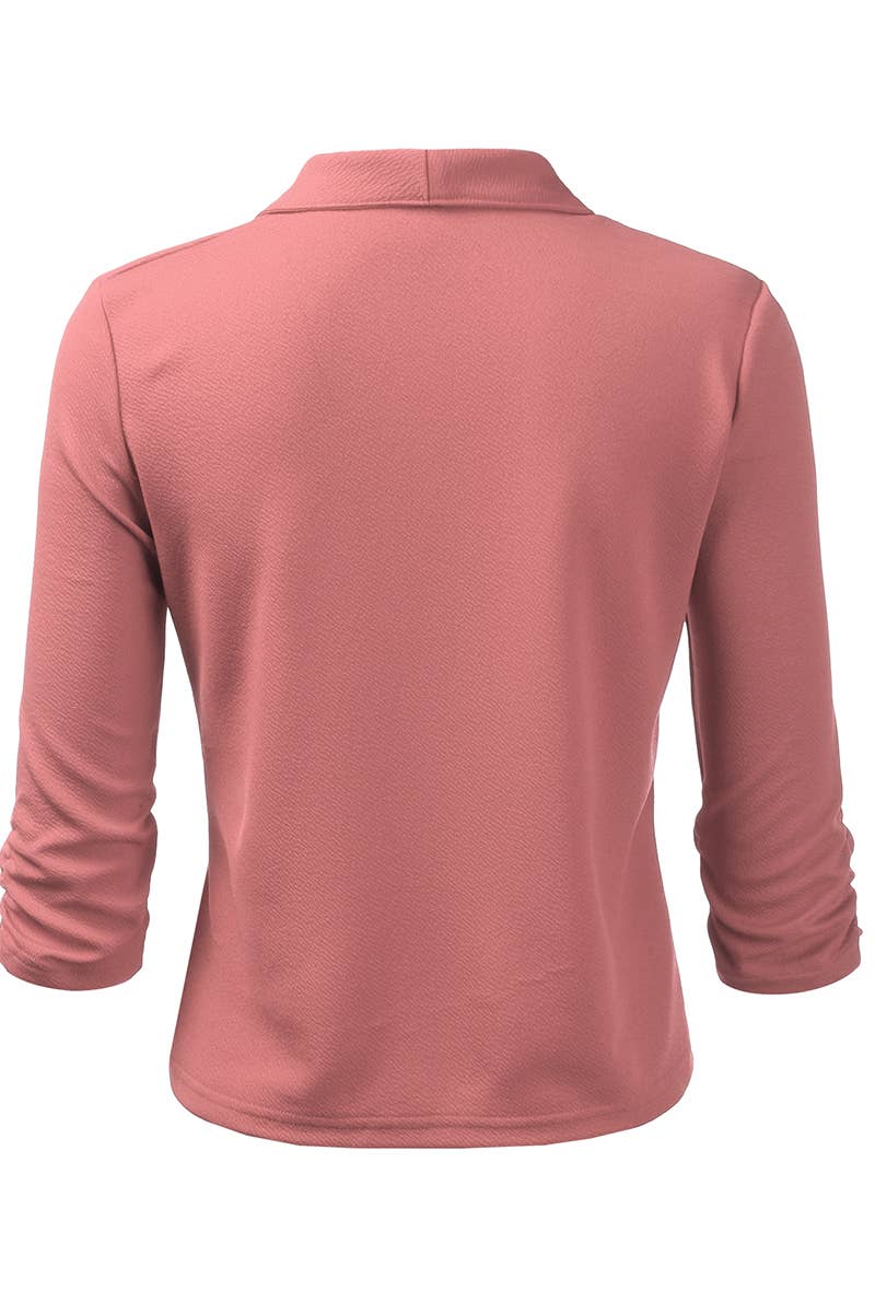 CWOBL091_Casual Work Ruched 3/4 Slv Open Front Blazer Jacket