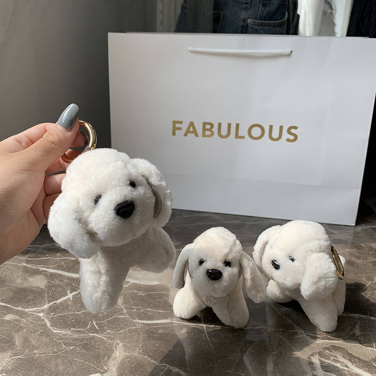 NEW CUTE FUR PENDANT LITTLE WHITE DOG KEYCHAIN