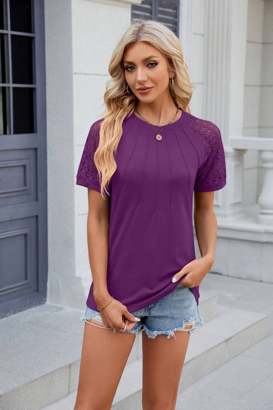 Cwtts0812_Round Neck Contrast Lace Short  Sleeve Blouse