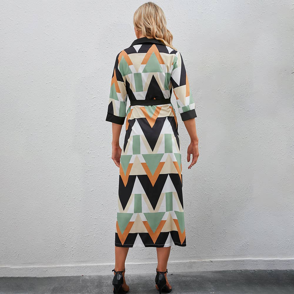 V-NECK LAPEL LACE-UP SLIM-FIT LONG-SLEEVED DRESS