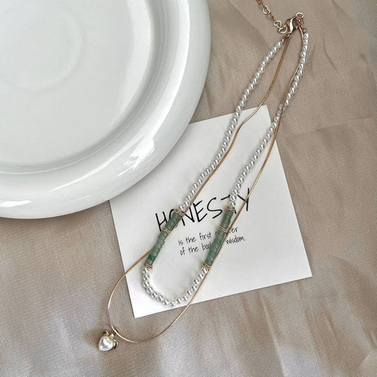 DOUBLE LAYER NATURAL STONE PEARL LOVE NECKLACE