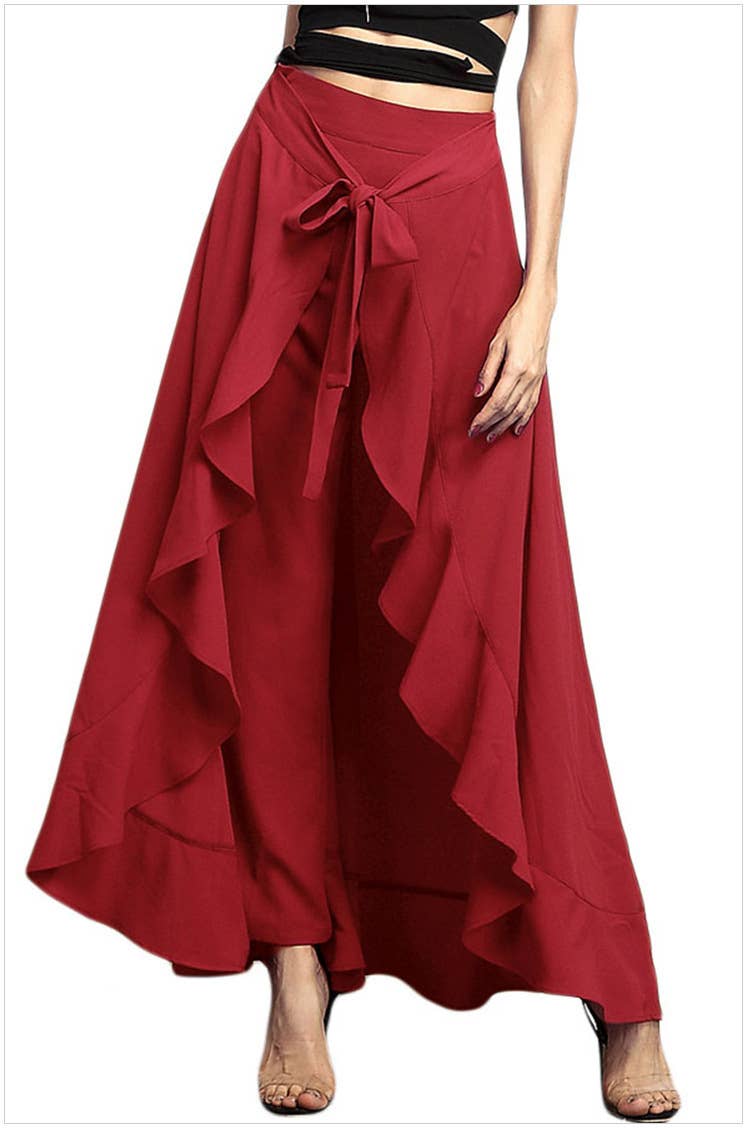 HIGH-WAISTED LONG FLANGED CHIFFON WIDE-LEG PANTS