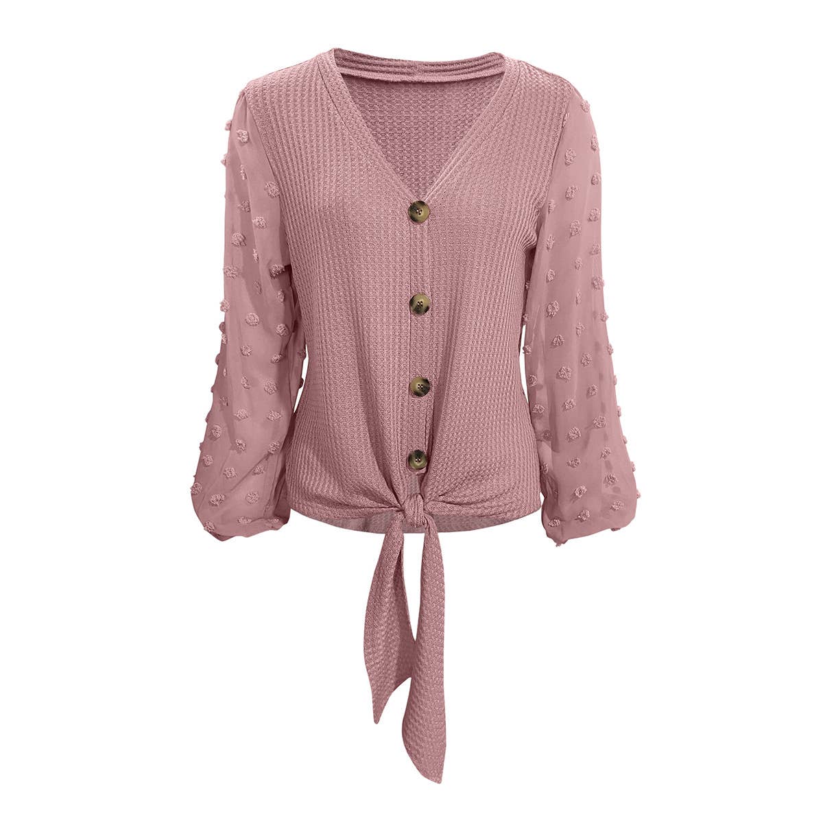 V-NECK KNOTTED JACQUARD PATCHWORK SLEEVE SWEATER