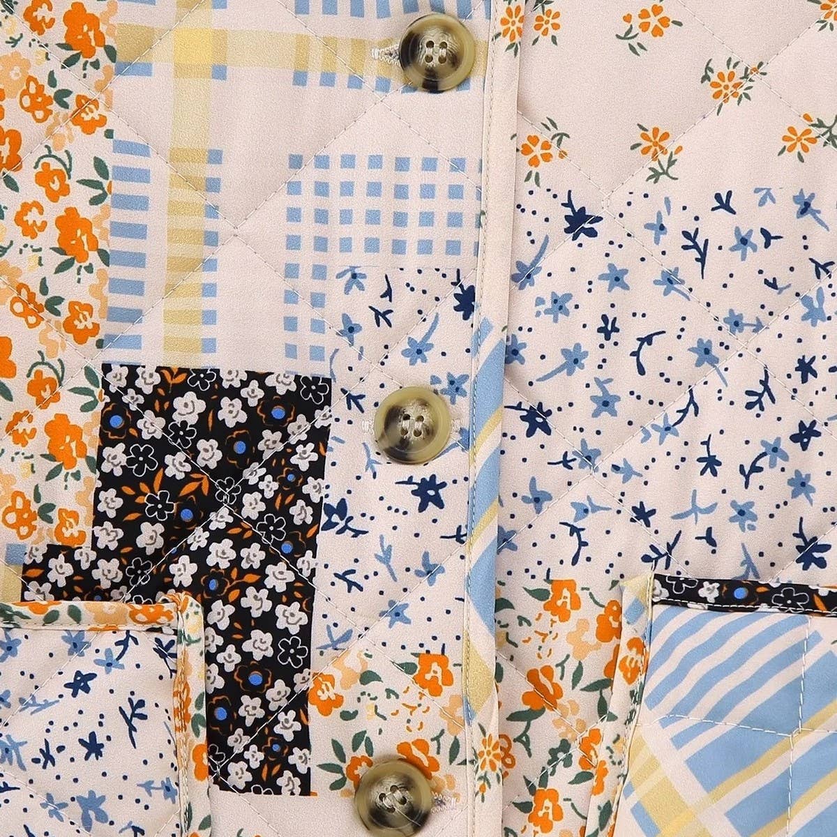 FLORAL PRINT PANELED BUTTON QUILTED JACKET