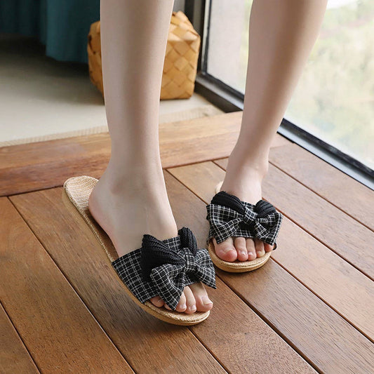 Korean Linen Bow Slippers Soft Sole Non-Slip